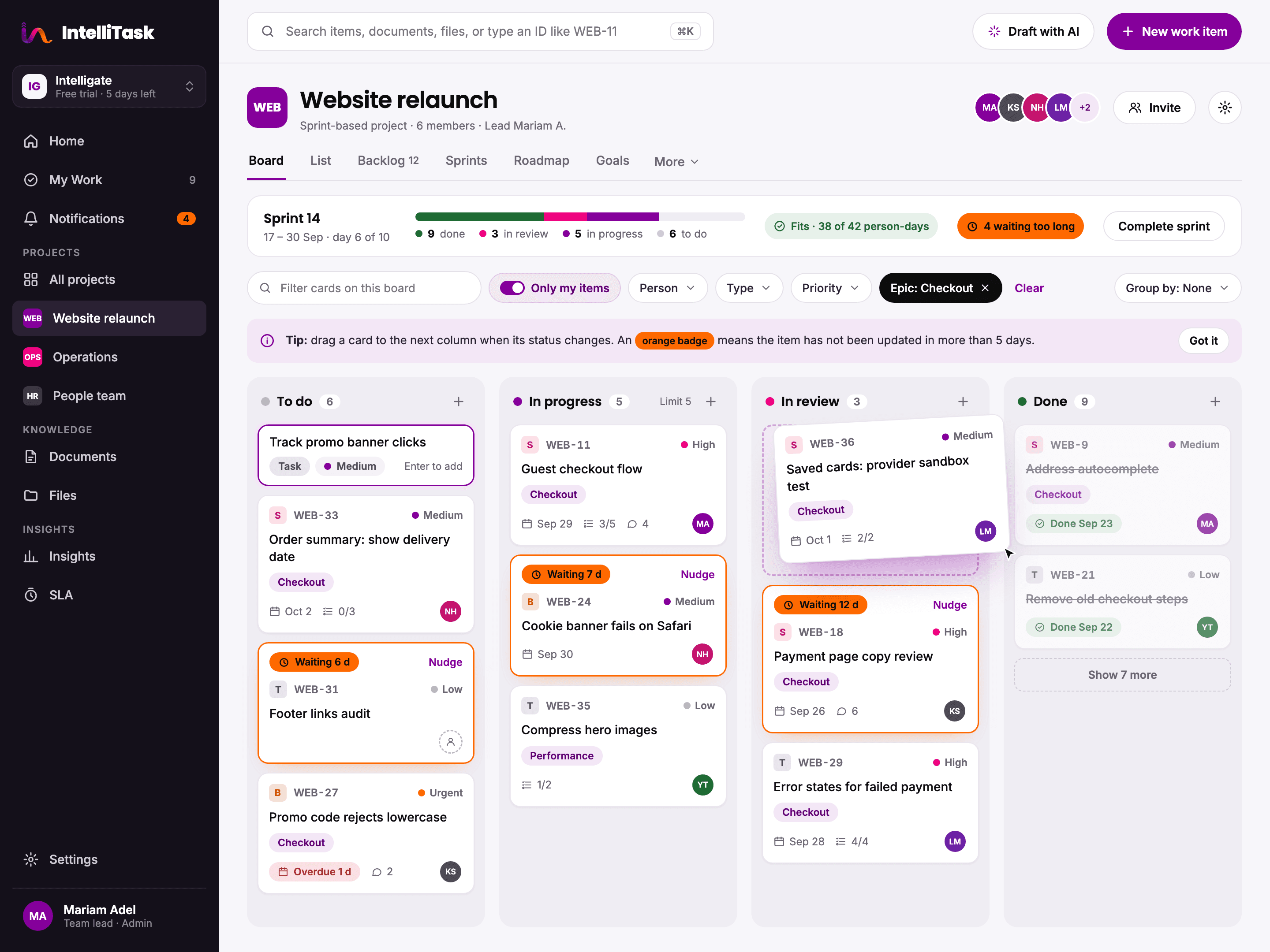 IntelliTask board view with columns of work items